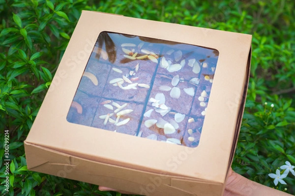 Obraz Fudge brownies in a brown paper box on hand
