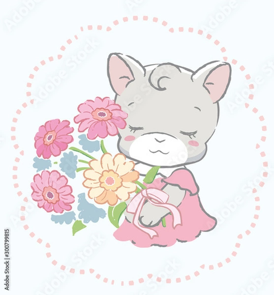 Fototapeta Cute kitten holding a bouquet. Vector illustration for invitation card, birthday card, baby wear design or other use.