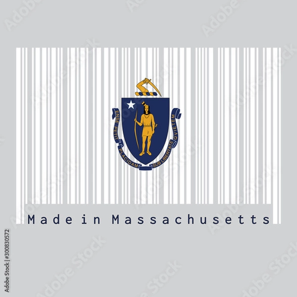 Fototapeta Barcode set the color of Massachusetts flag, the states of America. the state coat of arms centered on a white field. text: Made in Massachusetts.