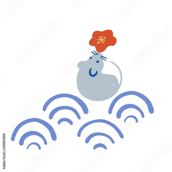 Fototapeta ねずみの手描きイラスト素材　ベクター　子年　2020　年賀状　正月　松竹梅