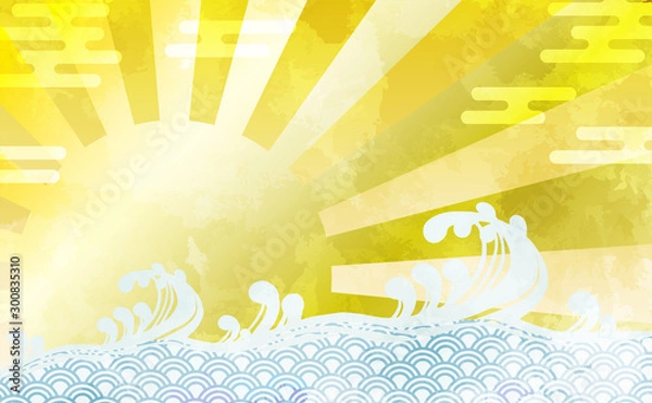 Obraz 和柄を用いた波と太陽の背景イラスト　エ霞　青海波