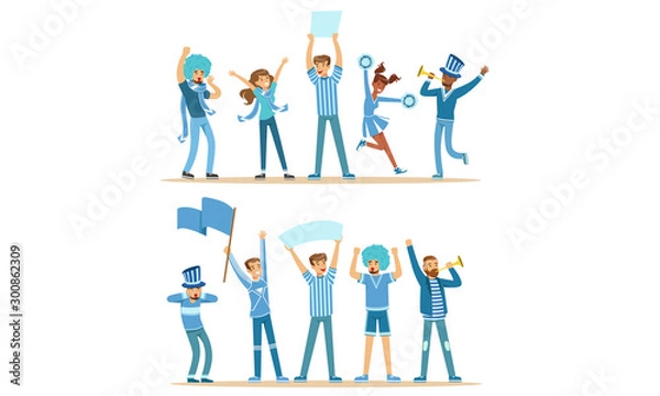 Fototapeta Group Of Fans In Blue Outfits Supporting Their Favorite Sports Team At The Stadium Vector Illustration Set Isolated On White Background