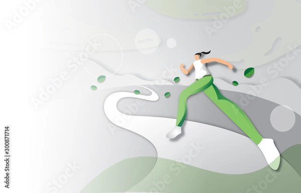 Fototapeta Young woman running in beautiful loandscape, Flat modern design for website landingpage.