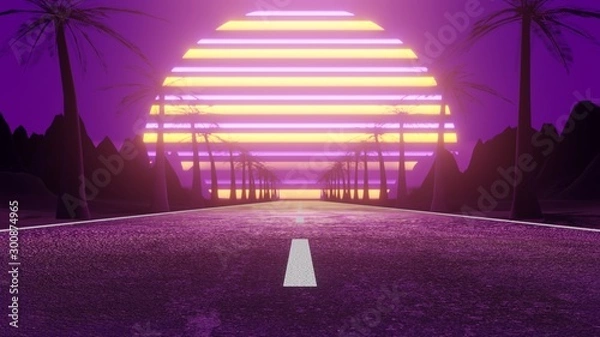 Obraz 80s Synthwave road with palm trees