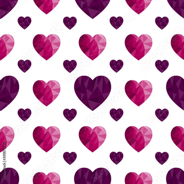 Fototapeta Sweet seamless pattern with repeatable polygonal purple and pink hearts. Romantic ornament for cards, banners, invitations, scrapbook, wrapping paper, packets. Vector illustration
