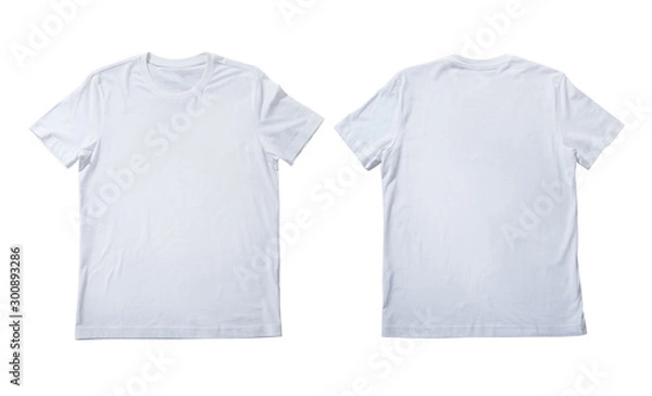 Fototapeta T-shirt koncepcja moda projekt, zbliżenie mężczyzny i chłopca w pustej białej koszulce, przód tył koszuli na białym tle. Makieta.