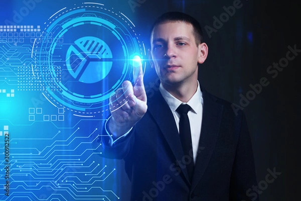 Fototapeta Business, Technology, Internet and network concept. Young businessman working on a virtual screen of the future and sees the inscription: