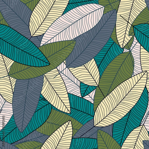 Obraz Hand drawn exotic plant wallpaper. Forest leaf seamless pattern.