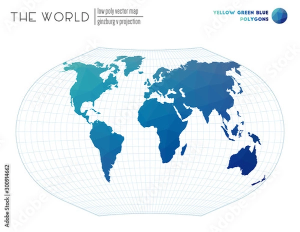 Fototapeta Abstract world map. Ginzburg V projection of the world. Yellow, Green, Blue colored polygons. Amazing vector illustration.