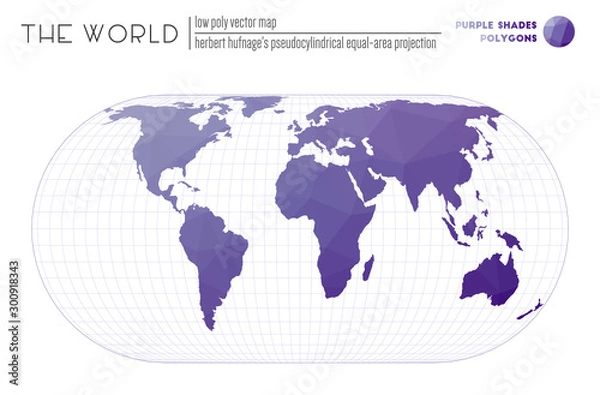 Fototapeta World map in polygonal style. Herbert Bayer's pseudocylindrical equal-area projection of the world. Purple shaded colored polygons. Creative vector illustration.