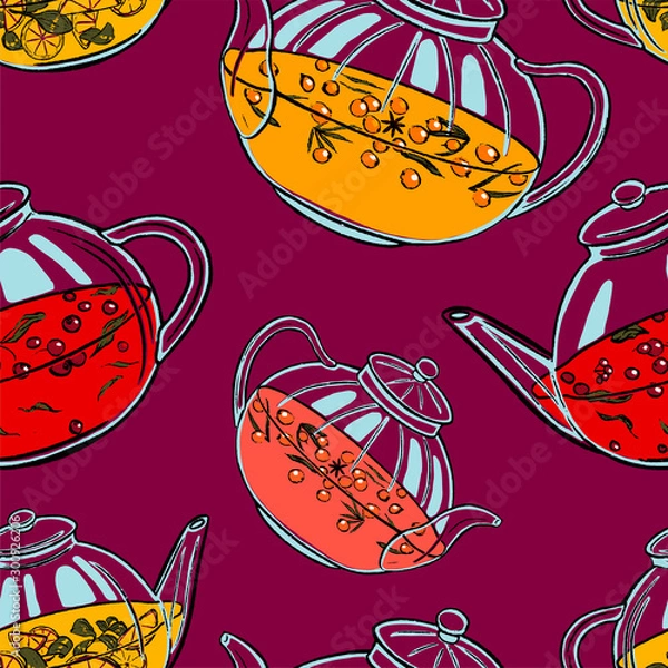 Fototapeta Vector hand drawn illustration in sketch style. Glass teapots with different types of tea. Colored seamless pattern on fuschia background. Tea time wallpaper. Hot drinks. Elements for many design.