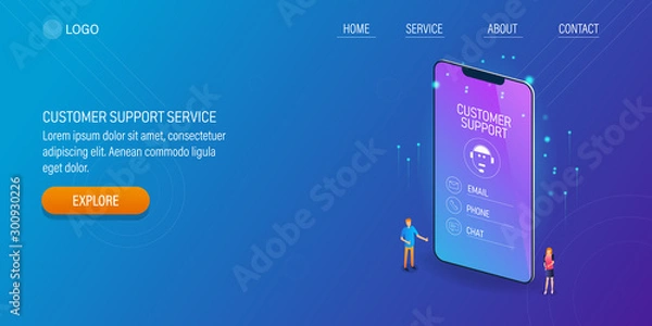 Obraz Customer support service, online help desk app, customer interacting with digital assistant on mobile device. Isometric design, web banner.