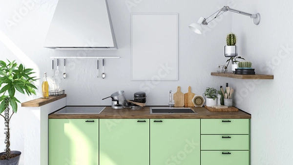 Obraz Mockup Artwork Frame in Modern Kitchen, 3D Rendering, 3D Illustration