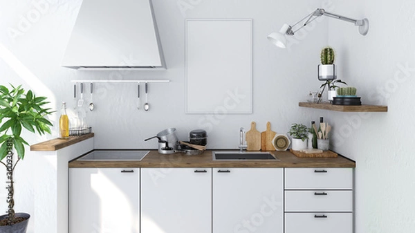 Obraz Mockup Artwork Frame in Modern Kitchen, 3D Rendering, 3D Illustration