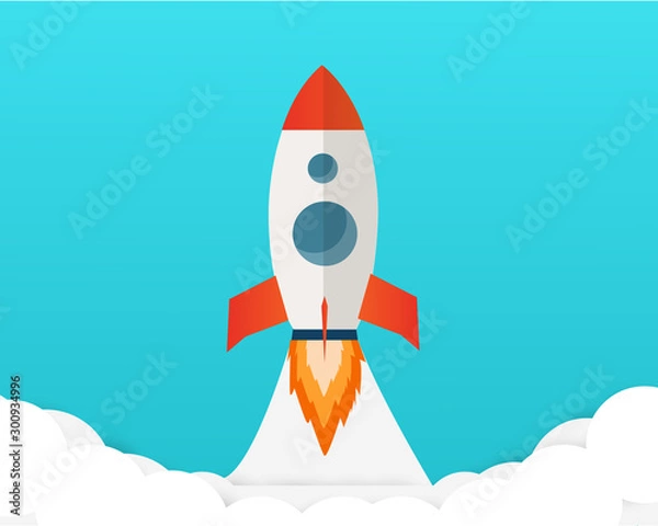 Obraz Rocket launch ship flat design on cyan background color.