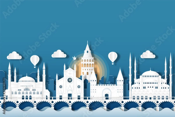 Fototapeta Travel turkey architecture of istanbul landmark in turkey cityscape and the river with panoramic views , origami style paper for travel postcards, Vector illustration.