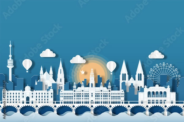Fototapeta Travel Austria architecture of Austria landmark cityscape and the river with panoramic views , origami style paper for travel postcards, Vector illustration.