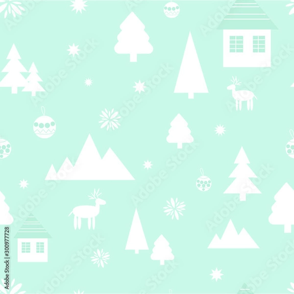Obraz Seamless Christmas pattern in one blue color with deer, house,snowflakes, trees, mountains. Stylized Christmas gift boxes. Idea for fabric, tablecloth pattern, wrapping paper, gift paper.Scandinavian