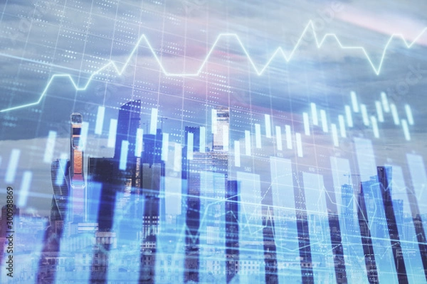 Fototapeta Multi exposure of financial chart on Moscow city downtown background. Concept of stock market analysis
