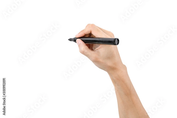 Fototapeta Hand holding red marker for writing isolated on white background