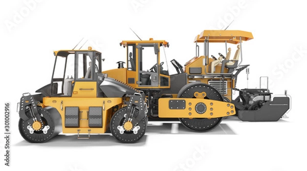 Fototapeta Concept road construction equipment for laying asphalt 3d rendering on white background with shadow