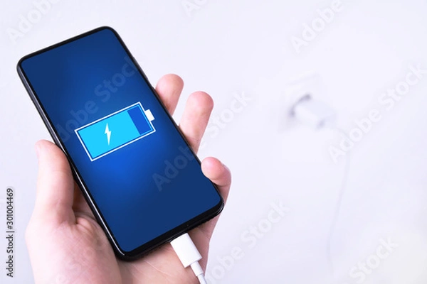 Fototapeta A human ,man hand puts charge the battery mobile smart phone, cellphone ,mobile on the white background with a socket in the frame.