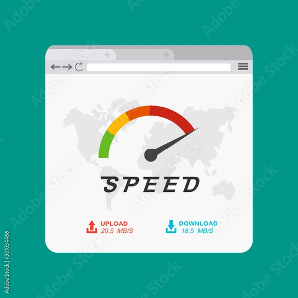 Fototapeta Site Speed Test Concept Fast or Slow loading page tablet version. Web browser with speedometer Vector illustration