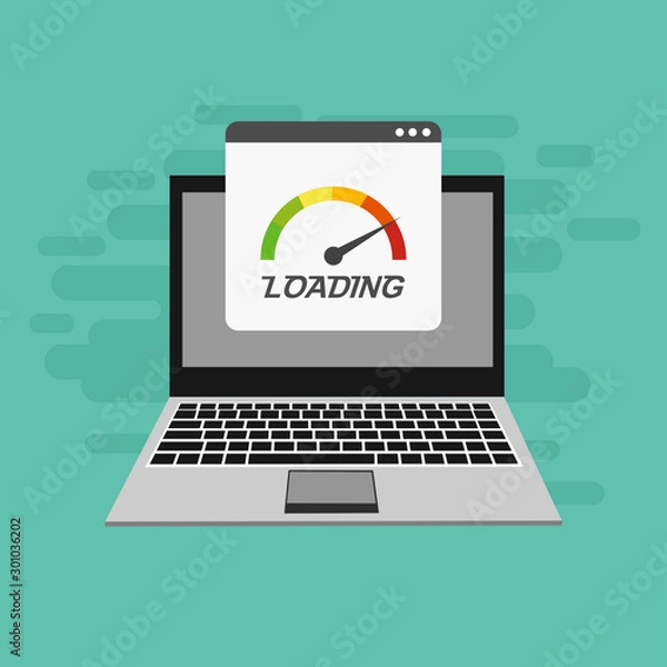 Fototapeta Laptop with speed test on the screen on Website or Mobile Application Vector Concept seo and Digital marketing