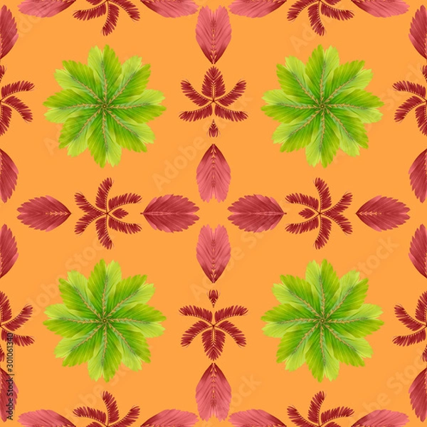 Fototapeta tropical exotic plant leaf,green leaves pattern are made new color for nature concept,abstract background for textile and fabric design,isolated on orange background