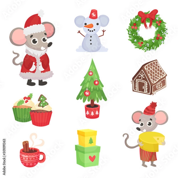 Fototapeta Set of New Year attributes and characters. Vector illustration.