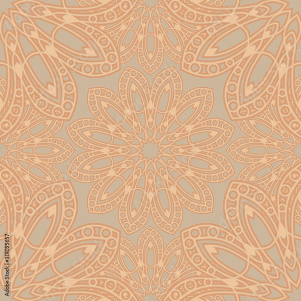 Fototapeta Seamless pattern floral ornament. Golden islamic textile print. Mandala vector design. Oriental background with luxury pattern. Retro design.