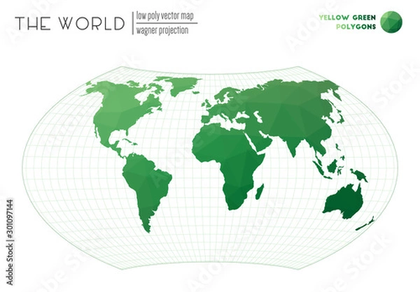 Fototapeta Vector map of the world. Wagner projection of the world. Yellow-Green colored polygons. Beautiful vector illustration.
