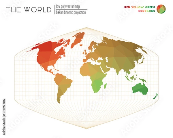 Fototapeta Polygonal world map. Baker Dinomic projection of the world. Red, Yellow, and Green colored polygons. Contemporary vector illustration.