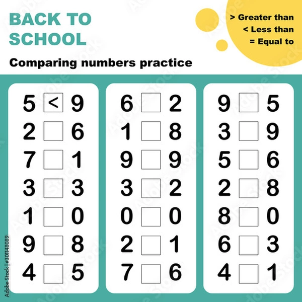 Obraz Comparing numbers worksheet. Easy worksheet, for children in preschool, elementary and middle school.