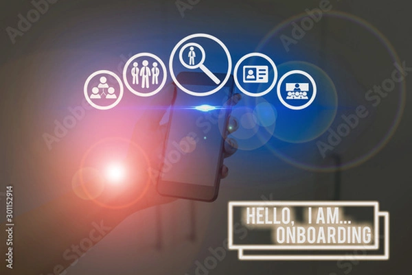 Fototapeta Text sign showing Hello I Am Onboarding. Business photo showcasing telling demonstrating that you are on ship or plane
