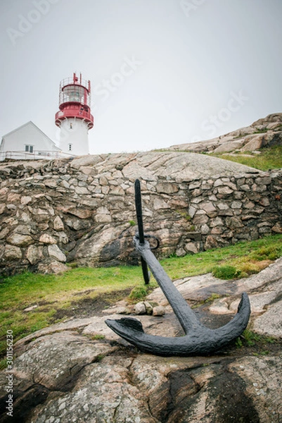 Fototapeta Norway, lighthouse. South lighthouse in Norway. Foggy travel season