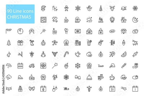 Fototapeta 90 New Year Christmas thile line icons set. Vector illustrations collection eps10.