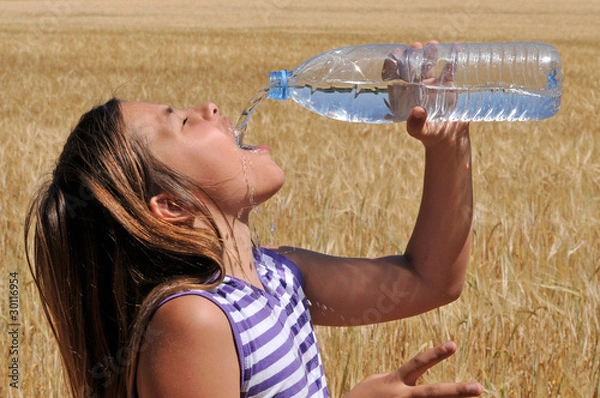 Fototapeta Niña bebiendo agua en un campo de trigo