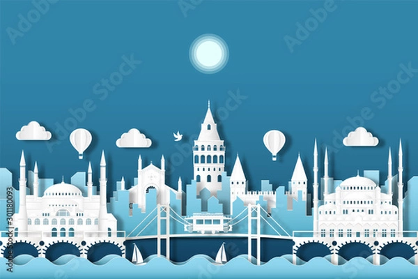 Fototapeta Travel turkey architecture of istanbul landmark in turkey cityscape and the river with panoramic views , origami style paper for travel postcards, Vector illustration.