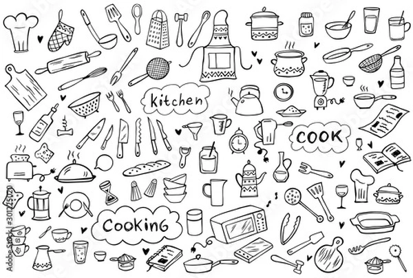 Fototapeta Set of doodle kitchen tools on white background. Doodle kitchen equipments. Vector illustration. Can be used for wallpaper, pattern fills, textile, web page background, surface textures.