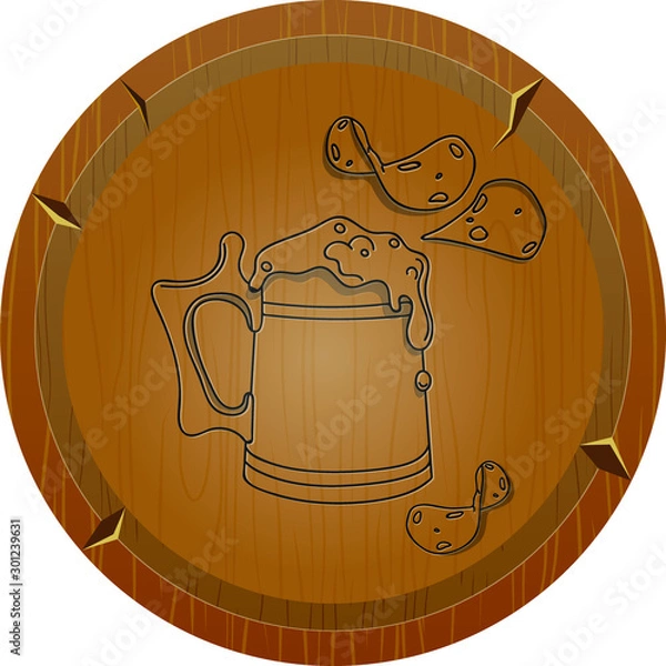 Fototapeta Isolated Snacks. Beer With Chips on wooden frame. Vector illustration for banners, posters, restaurant and pub menu.