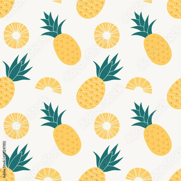 Fototapeta Pineapple seamless pattern, tropical ripe fruit. Summer print for textile, wrapping, fabric, wallpaper.
