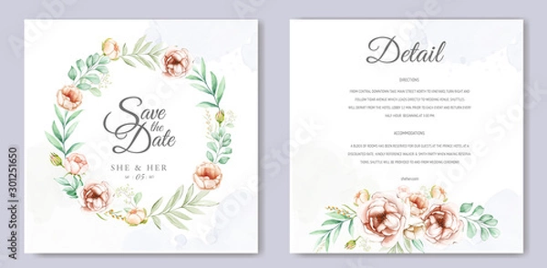 Fototapeta wedding invitation design with watercolor floral and leaves 