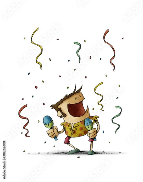 Obraz Funny illustration of a man dancing and playing the maracas. Celebration concept. isolated