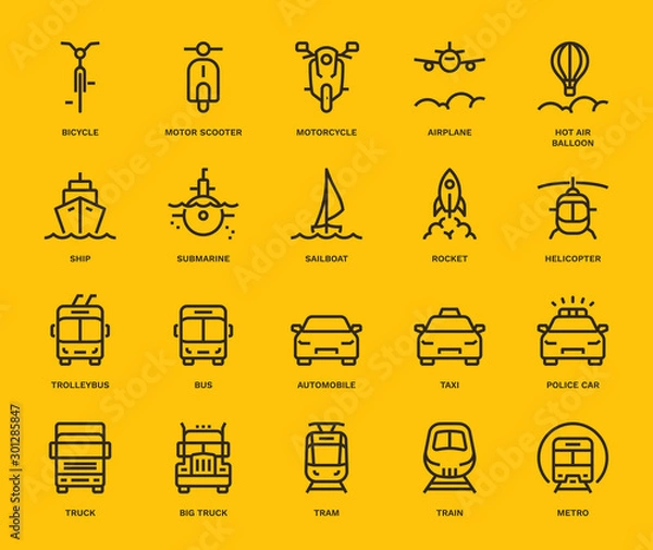 Fototapeta Transport Icons, oncoming view,  Monoline concept The icons were created on a 48x48 pixel aligned, perfect grid providing a clean and crisp appearance. Adjustable stroke weight. 