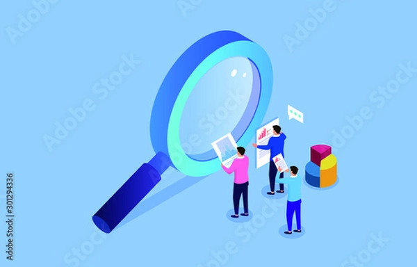 Fototapeta Business insights and opinions, three businesses holding a report stand next to a magnifying glass