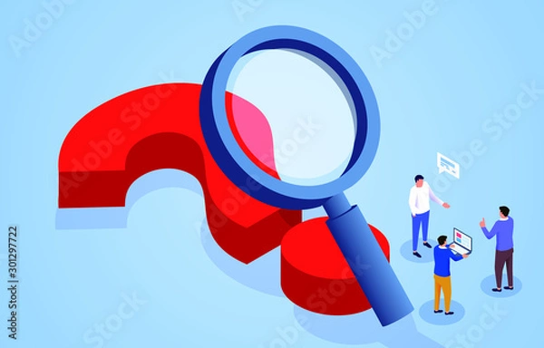 Fototapeta Businessman standing on magnifying glass observing huge question mark