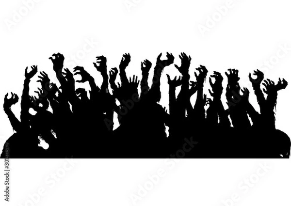 Fototapeta Sylwetka rąk zombie / Złowroga grupa zombie wyciągających ręce jak tłum na koncercie