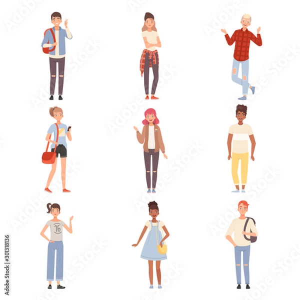 Fototapeta Teenagers In Different Poses Flat Vector Illustration Set