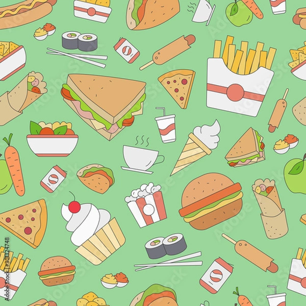 Fototapeta Fast Foodbackground - Vector color seamless pattern of sandwich, burger, hot dog, meat and desserts for graphic design